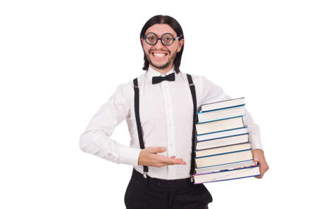 Funny student with books isolated on whiteの写真素材