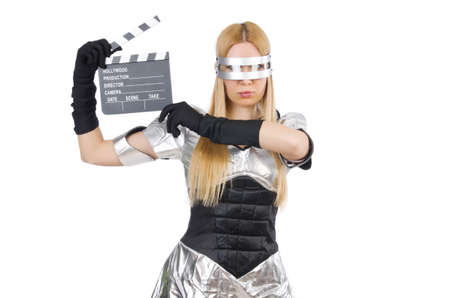 Woman in tech concept isolated on whiteの写真素材