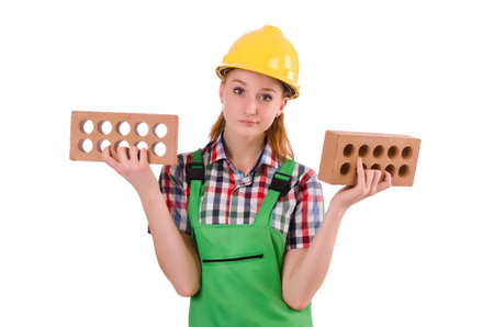 Woman with bricks isolated on white