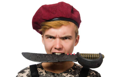 Funny soldier in military concept isolated on the whiteの写真素材