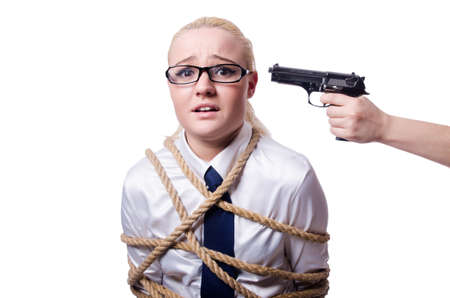 Businesswoman tied up with rope isolated on white