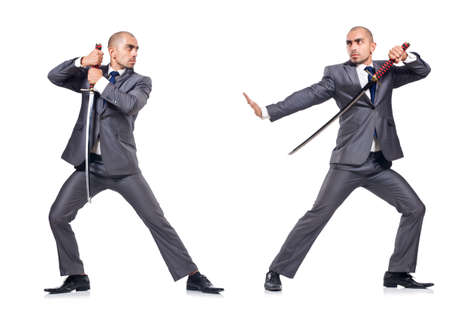 Two men figthing with the sword isolated on white
