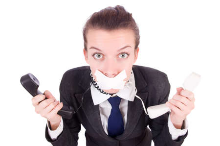 Woman with her mouth sealed isolated on white