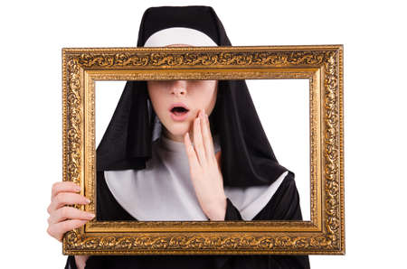 Young nun with frame isolated on whiteの写真素材