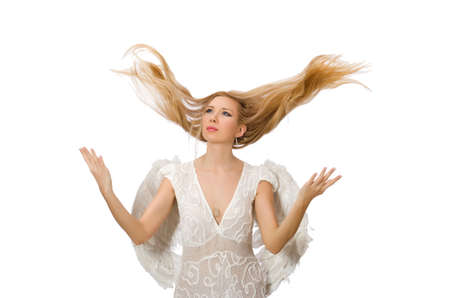 Woman with angel wings isolated on whiteの写真素材