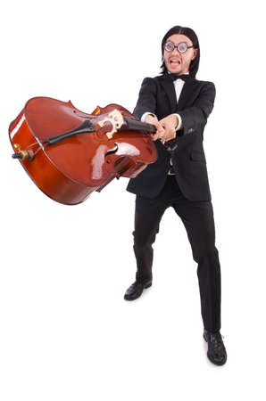 Funny man with music instrument on whiteの写真素材