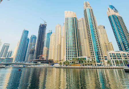 Dubai - AUGUST 9, 2014: Dubai Marina district on August 9 in UAE, Dubai. Dubai Marina district is a popular residential and business area.のeditorial素材