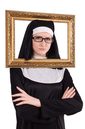 Young nun with frame isolated on whiteの写真素材