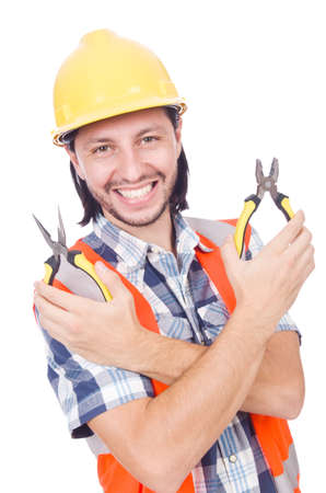 Handyman holds nippers isolated on whiteの写真素材
