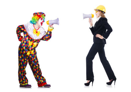 Women with helmet and loudspeaker on whiteの写真素材