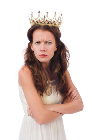 Girl in white dress and crown isolated on whiteの写真素材