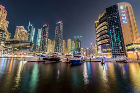 Dubai marina skyscrapers during night hoursのeditorial素材