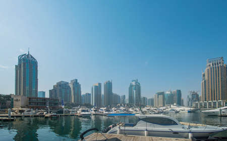 Dubai - AUGUST 9, 2014: Dubai Marina district on August 9 in UAE, Dubai. Dubai Marina district is a popular residential and business area.のeditorial素材