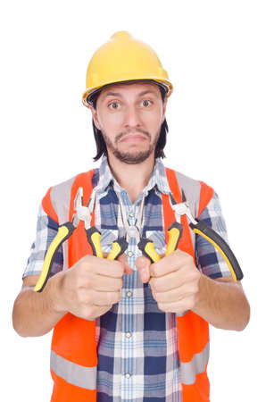 Handyman holds nippers isolated on whiteの写真素材