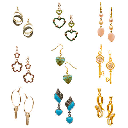 Set of various earrings isolated on whiteの写真素材