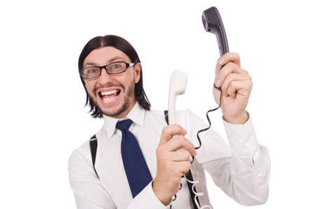 Angry businessman with phone isolated on whiteの写真素材
