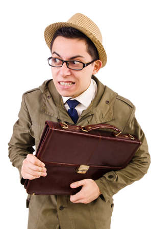 Young man with briefcase isolated on whiteの写真素材