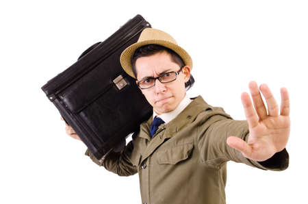 Young man with briefcase isolated on whiteの写真素材