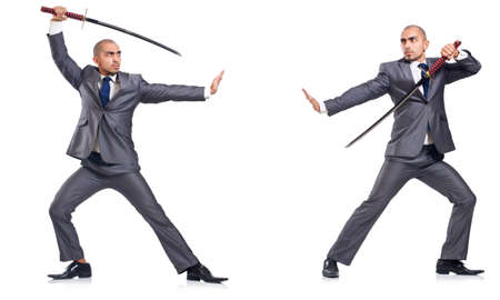 Two men figthing with the sword isolated on whiteの写真素材