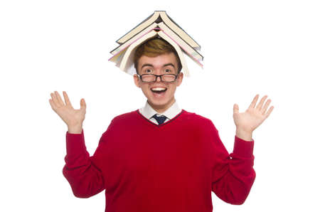 Funny student with books isolated on whiteの写真素材