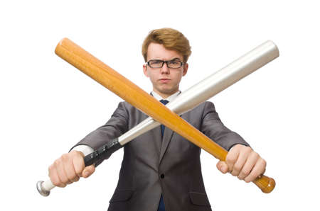 Young businessman with baseball bat isolated on whiteの写真素材