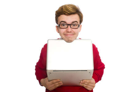 Student using laptop isolated on whiteの写真素材