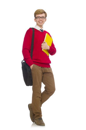 Student with bag and paper isolated on whiteの写真素材