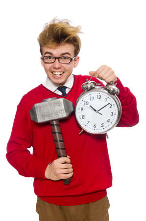 University student with alarm clock isolated on whiteの写真素材