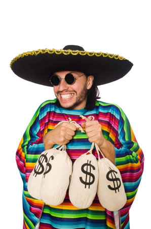 Handsome man in vivid poncho holding money bags isolated on whiteの写真素材
