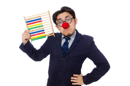 Funny businessman with abacus isolated on the whiteの写真素材