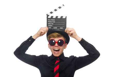 Positive boy with clapper board isolated on whiteの写真素材