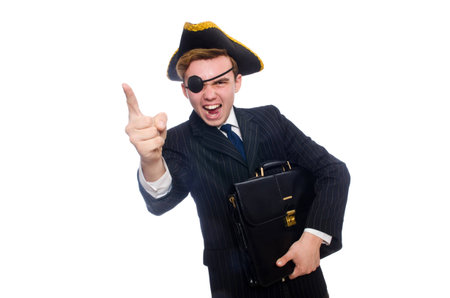 Young man in costume with pirate hat isolated on whiteの写真素材
