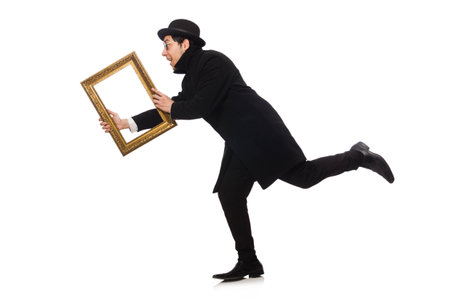 Young man holding frame isolated on white