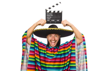 Handsome man in vivid poncho isolated on whiteの写真素材