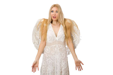 Woman with angel wings isolated on whiteの写真素材