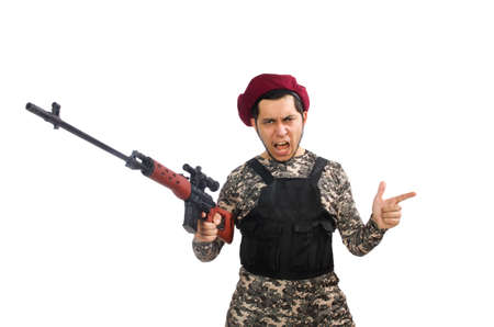 Soldier with a weapon isolated on whiteの写真素材