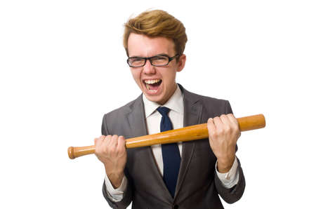 Young businessman with baseball bat isolated on whiteの写真素材