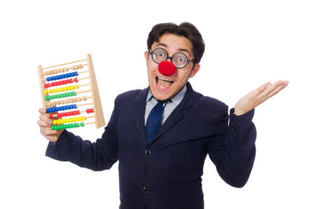 Funny businessman with abacus isolated on the whiteの写真素材