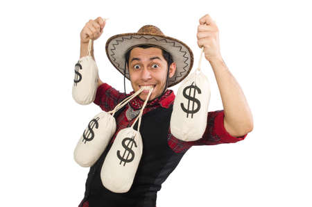 Young cowboy with money bags isolated on whiteの写真素材