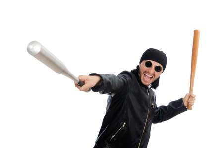 Aggressive man with baseball bat on white