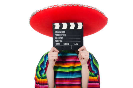 Pretty mexican girl in vivid poncho isolated on whiteの写真素材