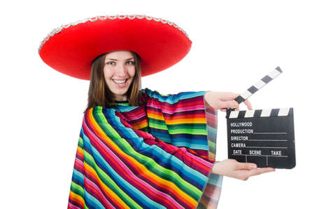 Pretty mexican girl in vivid poncho isolated on whiteの写真素材