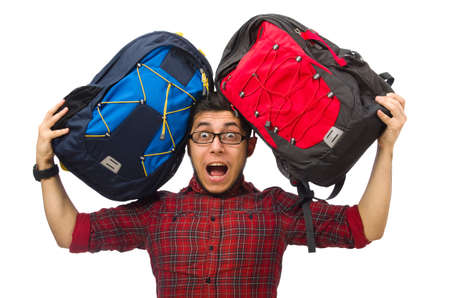 Young man with bags isolated on white