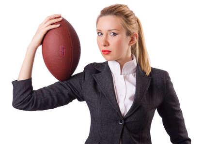 Preety office employee with rugby ball isolated on whiteの写真素材