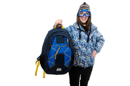 Young optimistic girl with rucksack isolated on white