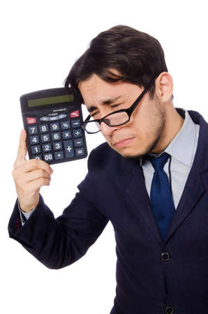 Funny man with calculator isolated on whiteの写真素材