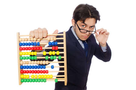 Funny businessman with abacus isolated on the whiteの写真素材