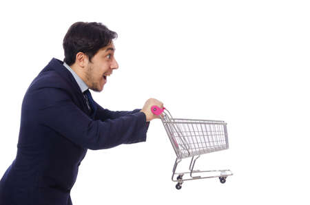Funny man with shopping cart isolated on whiteの写真素材