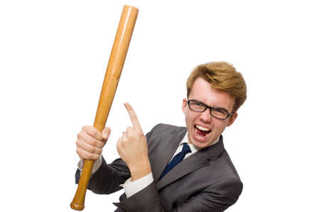 Young businessman with baseball bat isolated on whiteの写真素材