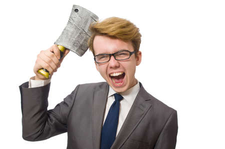 Young businessman with weapon isolated on whiteの写真素材